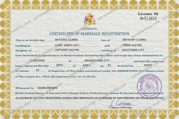 Barbados marriage certificate PSD template